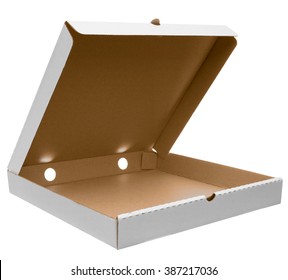 White Open Pizza Box Isolated On White With Clipping Path. Mockup Ready For Your Design.