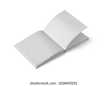 White opened blank square book Mockup catalogue at white background Perspetive view from left page up