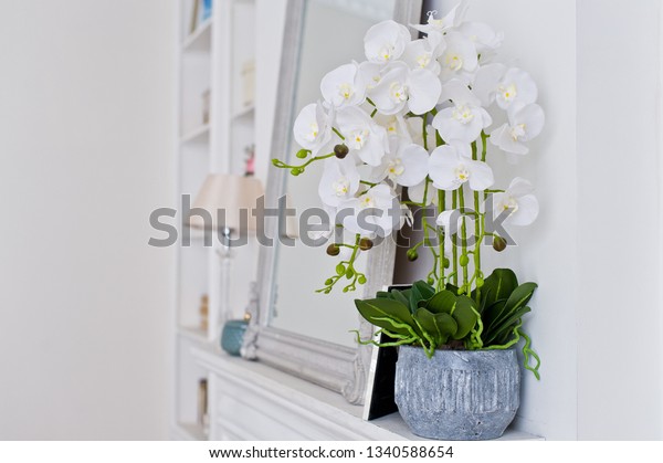 White Orchid Pot On Fireplace Stylish Nature Stock Image