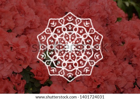 White ornamental mandala on azzalea flower background. The fusion of nature photography and hand drawn digital mandala.