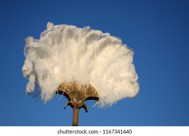 A White Ostrich Feather Fan Stands Against A Blue Sky