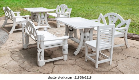 White Outdoor Wooden Chair And Table Retro Style At Lawn Coffee Shop