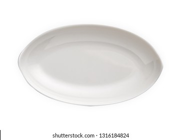 White Oval Plate, Empty Deep Plate In Oval Shape, View From Above Isolated On White Background With Clipping Path                               