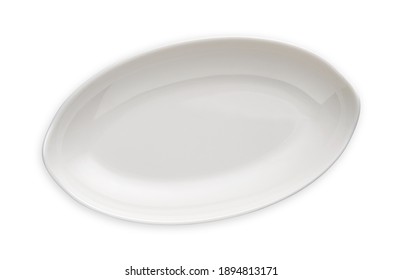 White Oval Plate, Empty Deep Plate In Oval Shape, View From Above Isolated On White Background With Clipping Path 