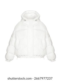 White padded puffer jacket with drawstring hood, zip front, elastic cuffs and hem for women
