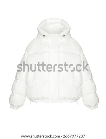 White padded puffer jacket with drawstring hood, zip front, elastic cuffs and hem for women