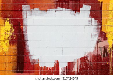 White paint stroke copyspace on a cement block wall. Urban Grunge