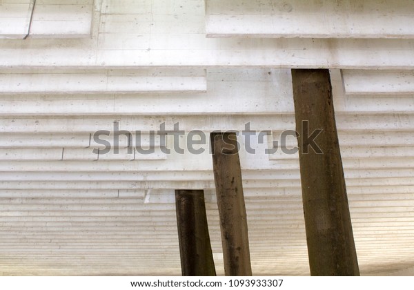 White Painted Concrete Ceiling Wooden Structure Stock Photo