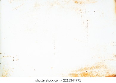 White Painted Metal Texture With Rusty Scratches. Rusty Metal Background. Red Rust On White Surface