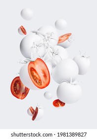 White Painted Ripe Tomatoes Cut Into Slices Falling Down Isolated On A White Background. Creative Food Concept. Vegan Diet Or Healthy Vegetable Recipe Idea.