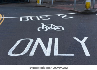 White Painted Road Markings. Bus And Cycles Only. UK 