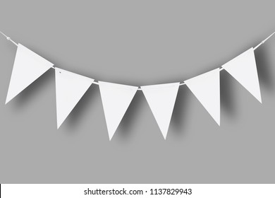 White Paper Bunting Party Flags Isolated On Gray Background With Natural Shadows. Template