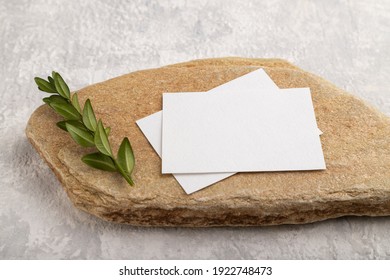 White Paper Business Card, Mockup With Natural Stone And Boxwood Branch On Gray Concrete Background. Blank, Side View, Still Life, Copy Space.