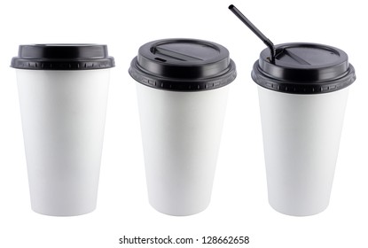 White Paper Coffee Cup With Black Top Isolated On White Background