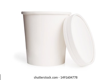 White paper cup or bucket with lid isolated on white background. Dairy product packaging mockup