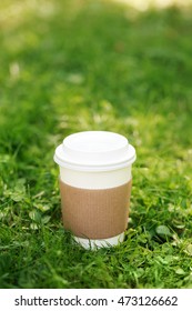 White Paper Cup Of Coffee Takeaway On The Grass. Place For Your Text Or Logo On Cuo Holder.