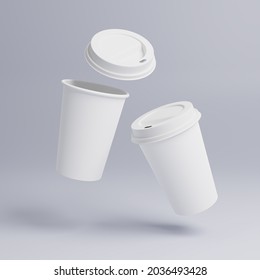 White paper cups of coffee mock up on blank background, White Cup Lid, Two cups in the air dynamically