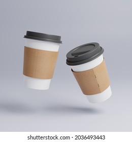 White paper cups of coffee mock up on blank background, Black cup lid, Two cups in the air dynamically, Kraft Cup Holder - Shutterstock ID 2036493443