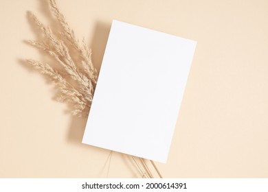 White paper empty blank, dried grass decoration on beige background. Invitation card mockup on beige table. Flat lay, top view, copy space, mockup - Shutterstock ID 2000614391