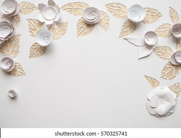 White Paper Flowers On White Background. Cut From Paper. Place For Your Text.