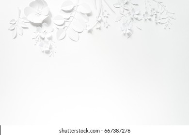 White Paper Flowers On White Background. Cut From Paper. Place For Your Text.