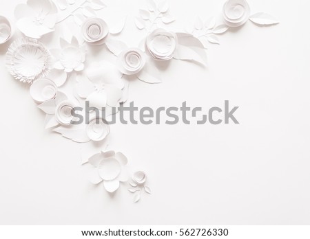 White paper flowers on white background. Cut from paper.