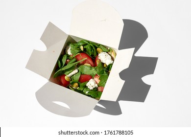 White Paper Food Box, Fast Food. Take Away Food Delivery. Takeout Summer Salad.