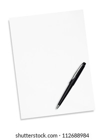 white paper with  pen isolated on white