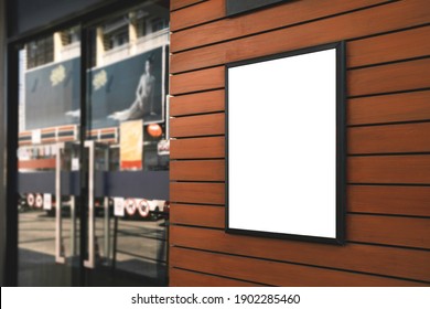 White Paper Poster Mockup Displayed Outside The Building Restaurant. Marketing And Business Concept. 