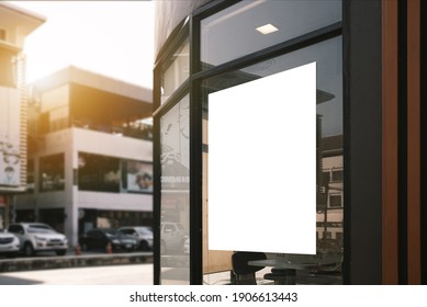 White Paper Poster Mockup Displayed Outside The Building Restaurant. Marketing And Business Concept. 