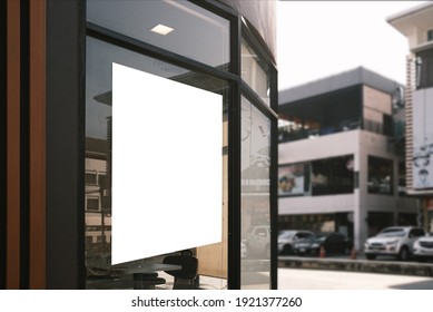 White Paper Poster Mockup Displayed Outside The Building Restaurant. Marketing And Business Concept. 