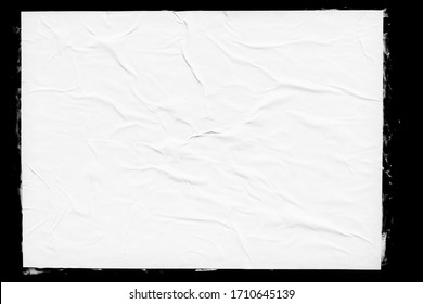 White paper poster mockup isolated on black background. Blank glued creased paper sheet texture