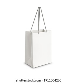 White Paper Shopping Bag Side View Isolated On White Background With Clipping Path.