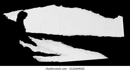 White paper sticker torn pieces isolated on black background. Dirty wrinkled glued paper poster texture - Shutterstock ID 2122449020