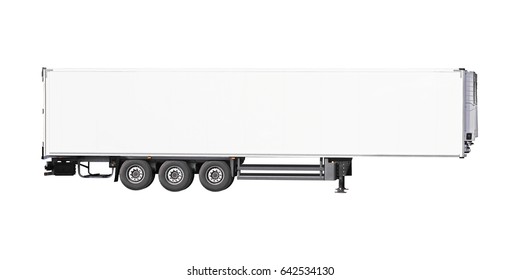 White Parked Semi Trailer, Isolated On White Background. Cargo Truck Trailer, Side View.