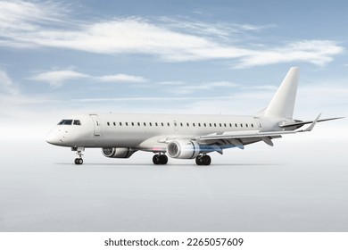 White passenger airliner on the runway isolated on bright background with sky