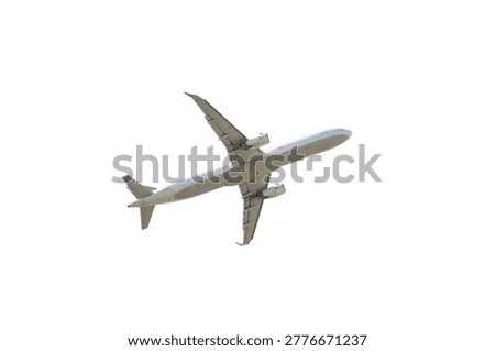 White passenger airplane bottom view isolated on white background, aviation transport object, clean cutout, jet plane flying overhead, high detail, copy space