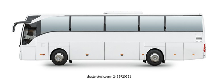 White passenger bus side view, isolated on a white background. Comfortable tourist bus, international passenger transportation