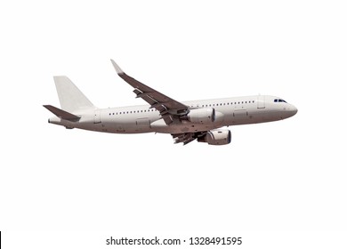 White Passenger Commercial Plane Side View In Flight Isolated On White. The Aircraft Flies Airplane A Background Of Clouds. - Image 