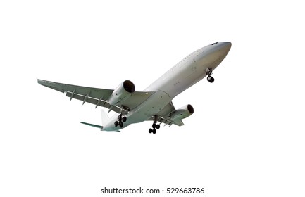 White Passenger Plane With Landing Gear. Isolated Aircraft Object. View Side And Bottom.