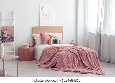 White And Pastel Pink Scandinavian Bedroom Interior For Kid