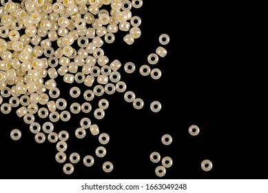 White Pearls On The Black Background. Composition Of Different Shaped Natural Fresh Water Pearls.