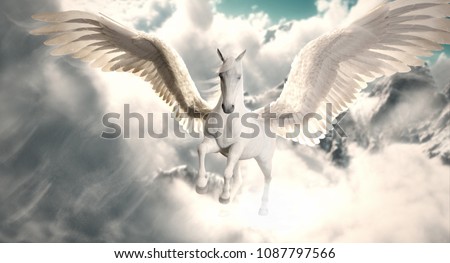 white Pegasus flying in sky 