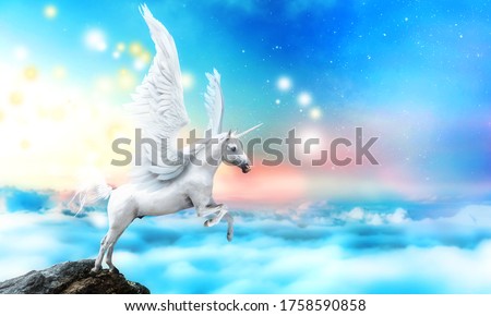 White pegasus unicorn in a cliff high above the clouds 