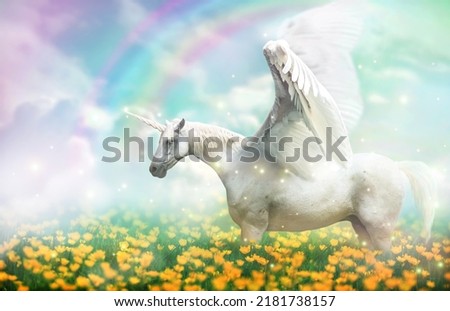 White pegasus unicorn horse in a magical field paradise.