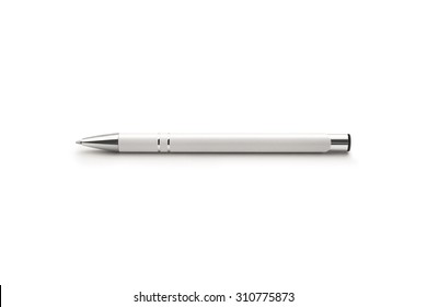 White pen isolated on a white background. Nice pen mock up for corporate busines identity presentation. Drawing and writing. Expensive luxury ballpoint