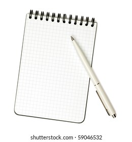 White pen on notepad. Isolated on white background