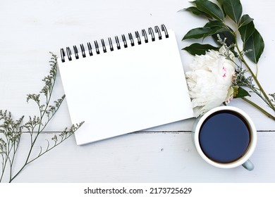 White Peony Flower With Blank Notebook And Cup Of Coffee Cup Of Tea On Rustic Wood Background Blank Space