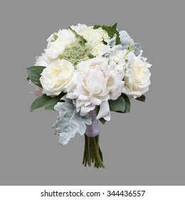 White Peony And Garden Rose Bridal Bouquet Isolated On Grey Background