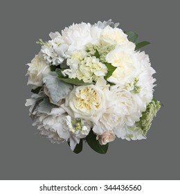 White Peony And Garden Rose Bridal Bouquet Isolated On Grey Background